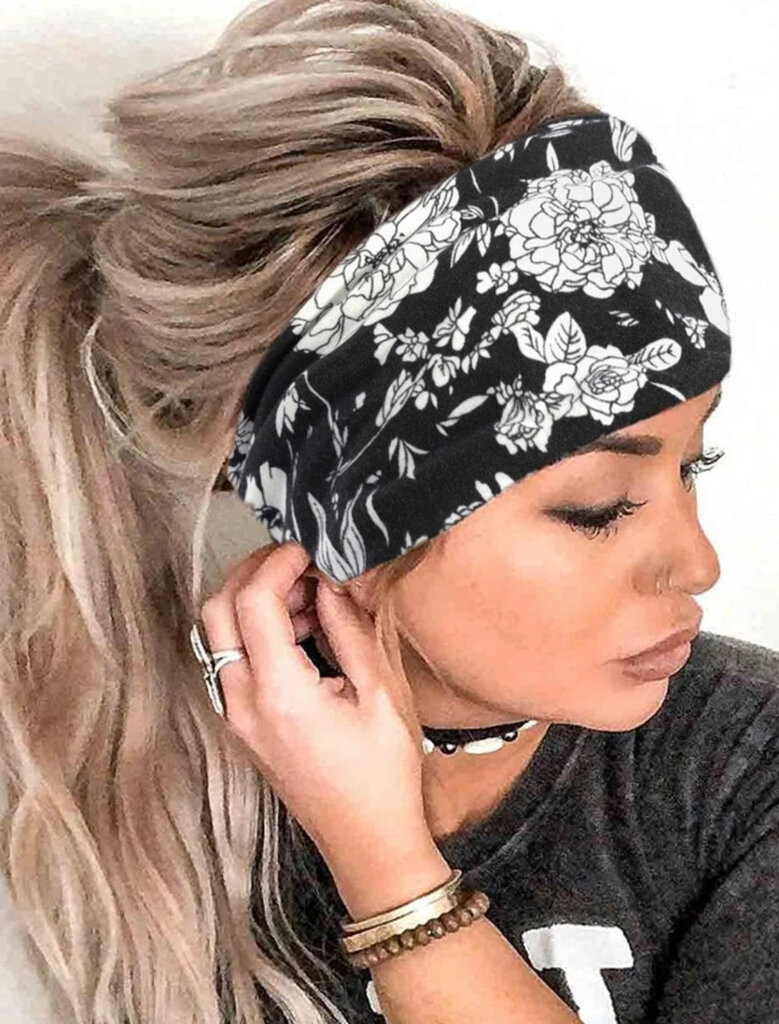 Galvos juosta moterims Boho Headband, juoda gėlėta